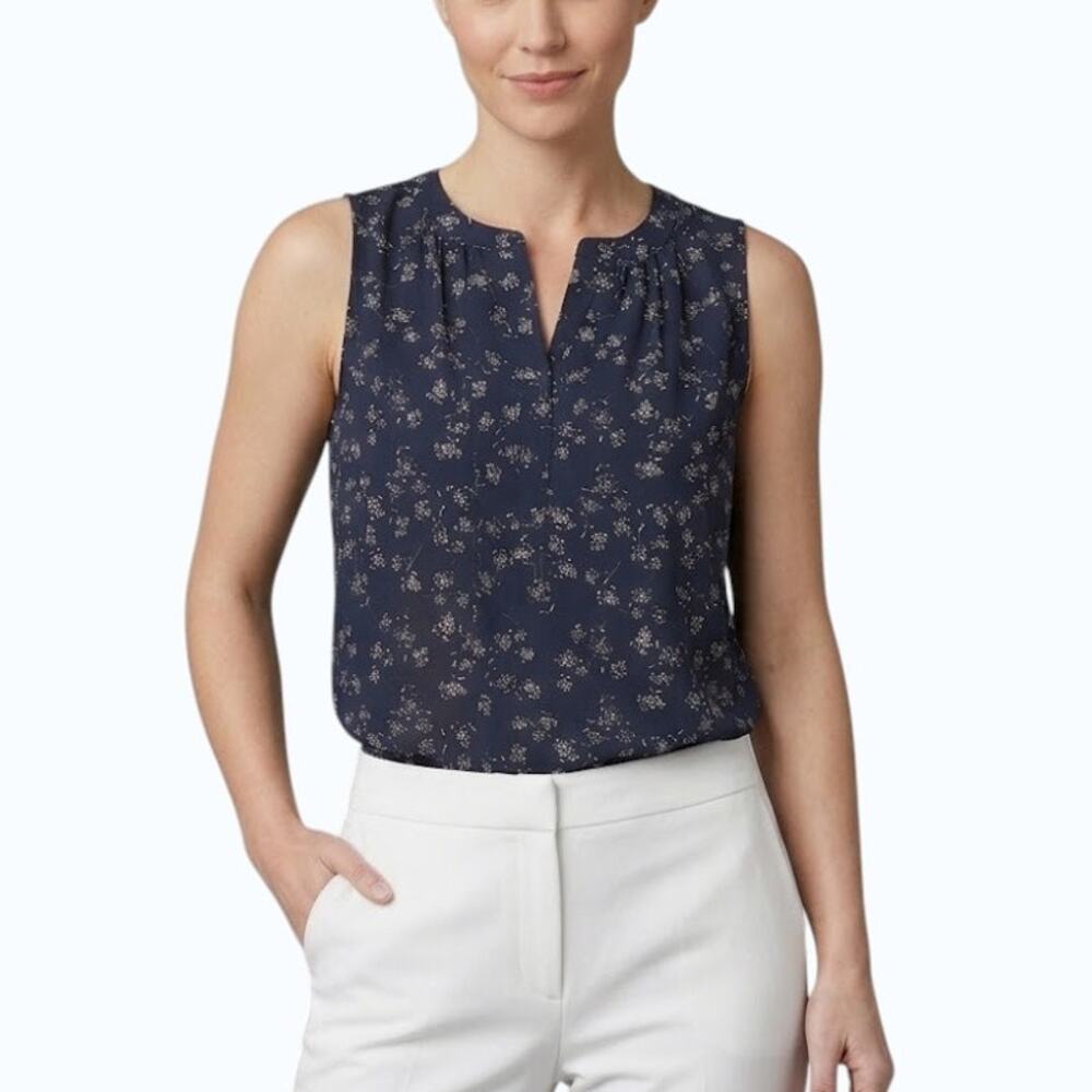 41 Hawthorn Morey Sleeveless Blouse Blue Floral Split Neck Large NWT